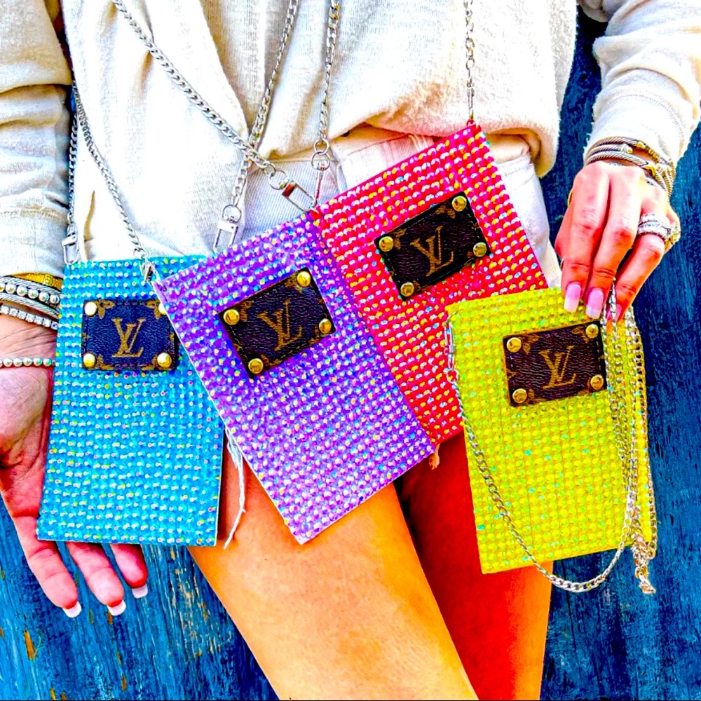 Re-purposed LV Rhinestone Phone Holder Crossbody